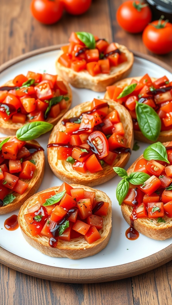 A platter of tomato bruschetta with toasted bread topped with diced tomatoes and basil, drizzled with balsamic glaze.